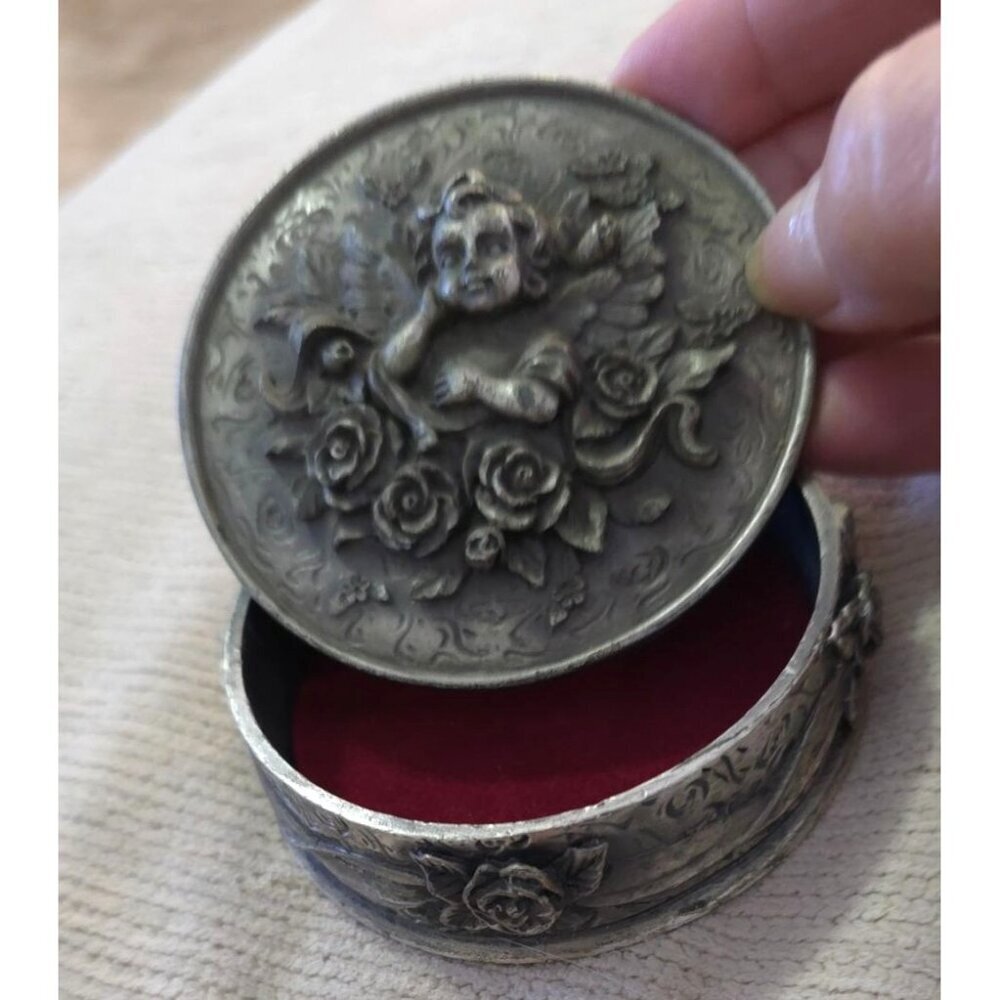 Vintage M.T.  Pewter Cherub Angel Trinket Box With Roses & Red Velvet Lining